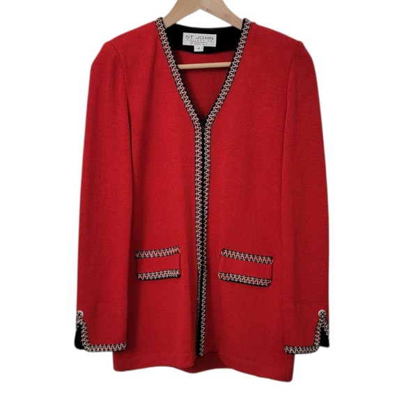 Vtg St John Collection Marie Gray Skirt Suit Set Size 4 Red Santana 2 Piece - Picture 2 of 15